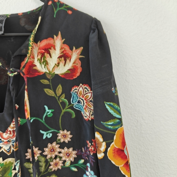 Johnny Was Zorya 100% Silk Floral Print Puff 3/4 Sleeve Mini Dress Black Size XS - Picture 7 of 15